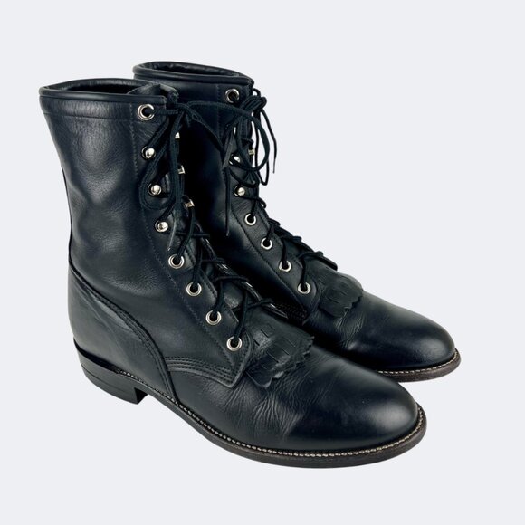 Justin Womens Black Leather Lacer Roper Boots Lace Up Kiltie L620 size 8.5B - Picture 1 of 16